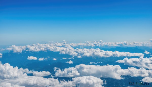 monochrome,outdoors,sky,day,cloud,blue sky,no humans,bird,cloudy sky,scenery,flying,blue theme,horizon,landscape,above clouds,nature