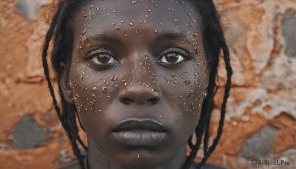 solo,looking at viewer,black hair,1boy,brown eyes,male focus,parted lips,teeth,dark skin,blurry,lips,facial hair,dark-skinned male,portrait,close-up,freckles,realistic,dirty,1girl,long hair,dark-skinned female,very dark skin,dreadlocks