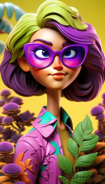 1girl,solo,looking at viewer,smile,short hair,blue eyes,blonde hair,shirt,upper body,purple hair,flower,multicolored hair,open clothes,glasses,collared shirt,artist name,blurry,two-tone hair,lips,makeup,leaf,sunglasses,lipstick,yellow background,eyeshadow,freckles,purple flower,mushroom,hawaiian shirt,holding,green hair,blurry background,floral print,plant,pink shirt,green shirt,purple-framed eyewear