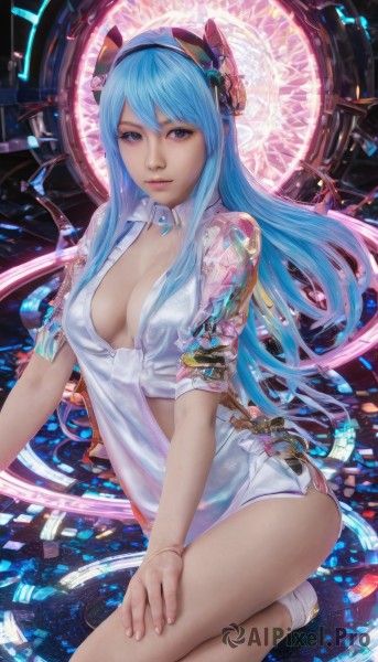 1girl,solo,long hair,breasts,looking at viewer,smile,bangs,blue eyes,shirt,cleavage,jewelry,medium breasts,blue hair,purple eyes,short sleeves,hairband,bracelet,lips,headgear,science fiction,realistic,tied shirt,hair ornament,multicolored hair,watermark