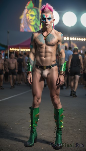 solo,looking at viewer,short hair,blue eyes,1boy,navel,jewelry,closed mouth,nipples,standing,full body,pink hair,male focus,thighs,nude,earrings,boots,outdoors,multiple boys,penis,solo focus,belt,necklace,bracelet,pubic hair,tattoo,muscular,blurry background,facial hair,thick thighs,piercing,abs,sunglasses,knee boots,pectorals,muscular male,wristband,ear piercing,male pubic hair,bara,large pectorals,bulge,topless male,realistic,arm tattoo,nipple piercing,undercut,green footwear,navel hair,crowd,bodypaint,flaccid,stage,leg hair,mohawk,1girl,blue hair,artist name,high heels,torn clothes,facial mark,high heel boots,bracer,facepaint