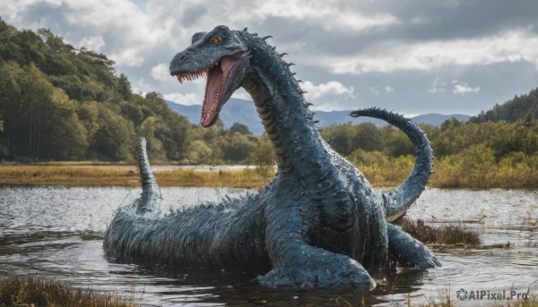 open mouth,red eyes,tail,outdoors,sky,teeth,day,cloud,signature,water,tree,orange eyes,no humans,cloudy sky,grass,sharp teeth,nature,scenery,claws,forest,reflection,monster,realistic,scales,river,dinosaur,kaijuu,godzilla