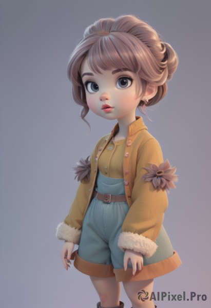 1girl,solo,looking at viewer,short hair,bangs,blue eyes,simple background,brown hair,shirt,long sleeves,jewelry,standing,jacket,flower,earrings,boots,parted lips,open clothes,shorts,belt,grey background,black eyes,lips,grey eyes,fur trim,makeup,buttons,child,freckles,female child,overalls,breasts,blush,artist name,nail polish,coat,gradient,gradient background,watermark,flower earrings