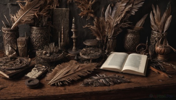 weapon,sword,indoors,armor,book,no humans,table,helmet,feathers,knife,scenery,shield,open book,fantasy,dragon,candle,dagger,quill,monochrome,leaf,bug,plant,paper,brown theme,still life,inkwell