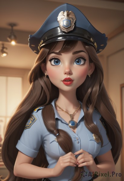 1girl,solo,long hair,breasts,looking at viewer,blush,blue eyes,brown hair,shirt,hat,cleavage,jewelry,medium breasts,very long hair,collarbone,upper body,short sleeves,earrings,parted lips,teeth,collared shirt,belt,artist name,indoors,necklace,nail polish,blurry,uniform,lips,fingernails,eyelashes,makeup,depth of field,blurry background,watermark,thick eyebrows,blue shirt,lipstick,peaked cap,web address,pendant,blue headwear,freckles,pocket,red lips,lamp,breast pocket,badge,police,police uniform,policewoman,police hat,bangs