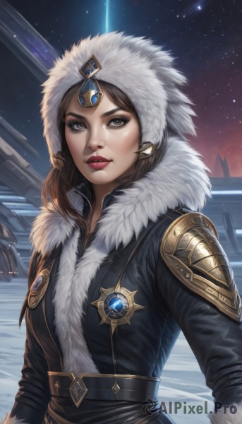 1girl,solo,long hair,looking at viewer,brown hair,long sleeves,hat,brown eyes,jewelry,closed mouth,upper body,outdoors,sky,belt,artist name,armor,lips,coat,grey eyes,fur trim,makeup,night,lipstick,gem,star (sky),night sky,snow,eyeshadow,starry sky,snowing,nose,winter clothes,red lips,eyeliner,fur hat,shooting star,breasts,blue eyes,medium breasts,earrings,signature,hood,eyelashes,thick eyebrows,fur collar,realistic,forehead jewel,mascara