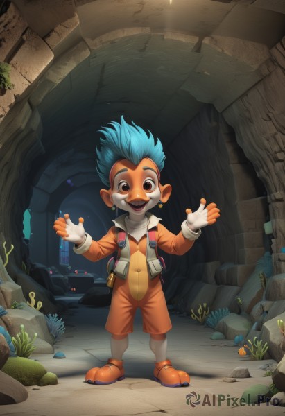 solo,looking at viewer,smile,open mouth,gloves,1boy,navel,brown eyes,jewelry,blue hair,standing,full body,:d,male focus,earrings,boots,shoes,teeth,white gloves,fingerless gloves,bag,backpack,spiked hair,furry,furry male,jumpsuit,orange footwear,1girl,short hair,bodysuit,child,rock,male child