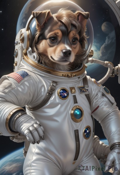 solo,looking at viewer,brown hair,gloves,1boy,animal ears,brown eyes,standing,male focus,cowboy shot,white gloves,star (symbol),hand on hip,facial hair,beard,furry,dog,realistic,space,furry male,planet,earth (planet),american flag,spacesuit,lion,japanese flag,astronaut,smile,artist name,watermark,moon,star (sky),dog ears,web address,reflection,badge,space helmet