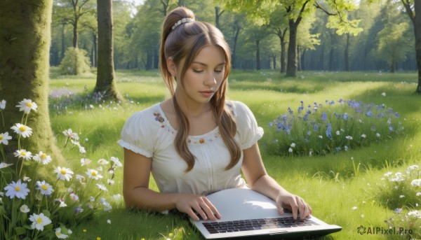 1girl,solo,long hair,breasts,brown hair,shirt,hair ornament,dress,jewelry,sitting,closed mouth,closed eyes,white shirt,upper body,ponytail,flower,short sleeves,outdoors,day,puffy sleeves,white dress,tree,puffy short sleeves,lips,sunlight,scrunchie,grass,high ponytail,white flower,instrument,nature,forest,realistic,music,computer,field,laptop,keyboard (computer),bangs,medium breasts,collarbone,sidelocks,blouse,nose,playing instrument