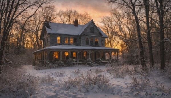 outdoors,sky,cloud,tree,no humans,window,grass,building,nature,scenery,snow,forest,fence,door,road,house,winter,bare tree,path,chimney,cloudy sky,sunset