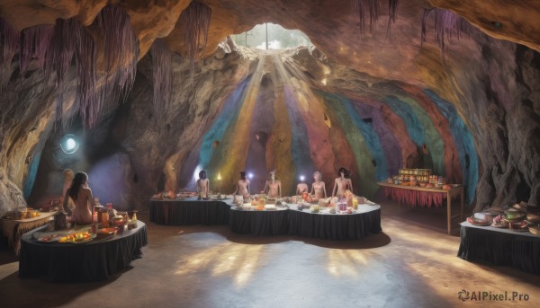 long hair,short hair,multiple girls,blonde hair,brown hair,black hair,sitting,nude,food,multiple boys,water,cup,fruit,6+girls,eating,table,sunlight,bottle,scenery,plate,6+boys,light rays,fantasy,sunbeam,meat,waterfall,cave,tablecloth,alcohol,drinking glass,cake,candle,wine glass,bald,wine