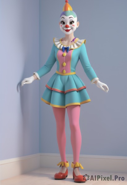 1girl,solo,breasts,looking at viewer,smile,skirt,simple background,gloves,long sleeves,hat,bow,standing,collarbone,full body,pantyhose,shoes,white gloves,bowtie,black eyes,blue skirt,no humans,makeup,shadow,blue bow,lipstick,red footwear,multicolored clothes,wooden floor,red lips,facepaint,party hat,multicolored headwear,clown,genderswap (mtf)