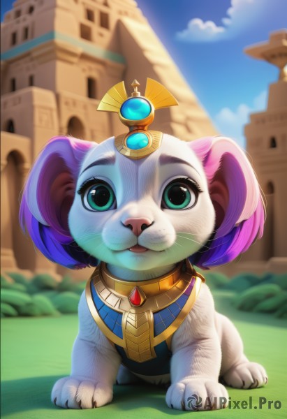 solo,looking at viewer,open mouth,jewelry,green eyes,full body,purple hair,outdoors,sky,day,cloud,blurry,tree,blue sky,no humans,:3,blurry background,animal,cat,grass,building,gem,animal focus,castle,lion,1girl,multicolored hair,watermark,cloudy sky,web address