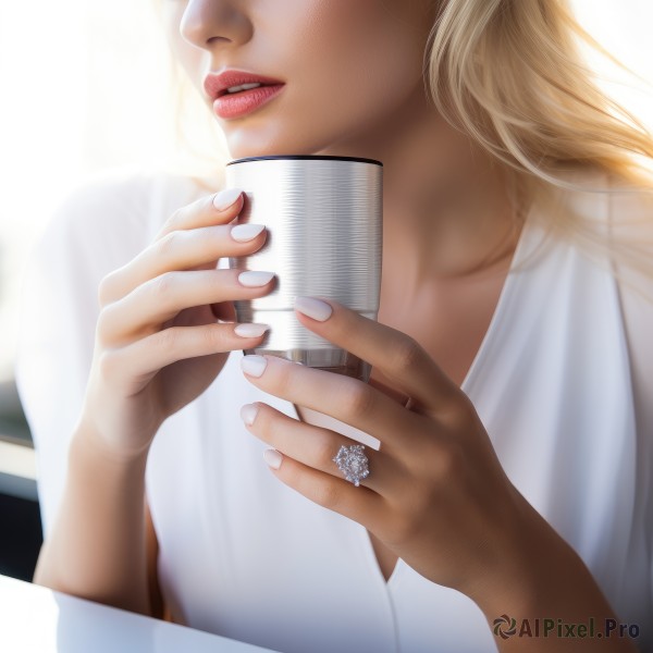 1girl,solo,long hair,blonde hair,shirt,holding,jewelry,collarbone,white shirt,upper body,parted lips,teeth,blurry,cup,lips,fingernails,ring,holding cup,close-up,backlighting,mug,realistic,nose,head out of frame,wedding ring,coffee,coffee mug,nail polish,long fingernails