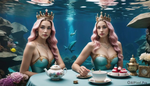 1girl,long hair,breasts,looking at viewer,smile,blue eyes,multiple girls,large breasts,dress,2girls,cleavage,bare shoulders,jewelry,medium breasts,sitting,pink hair,flower,earrings,food,sleeveless,water,necklace,cup,lips,strapless,makeup,fruit,blue dress,siblings,wavy hair,table,tiara,crown,sisters,gem,strapless dress,pink flower,plate,dual persona,fish,teacup,cake,twins,underwater,air bubble,teapot,tea,mermaid,pink rose,saucer,shell,pearl necklace,shark,pearl (gemstone),coral,tiered tray,tea set,solo,holding,upper body,multicolored hair,parted lips,artist name,mole,multiple views,rose,realistic