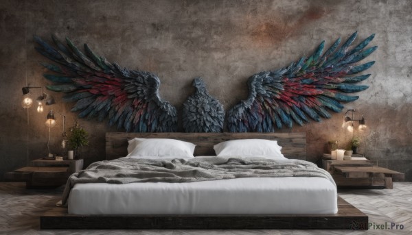 wings,indoors,pillow,no humans,bed,on bed,table,plant,scenery,feathered wings,wooden floor,potted plant,lamp,bedroom,carpet,spread wings,rug,bed sheet,feathers,black wings,wall