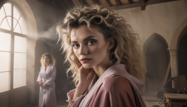 1girl,long hair,looking at viewer,blue eyes,blonde hair,1boy,upper body,solo focus,indoors,lips,grey eyes,window,makeup,wavy hair,sunlight,lipstick,messy hair,curly hair,robe,realistic,red lips,white robe,church,solo,brown hair,jewelry,smoke,nose