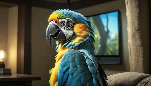 HQ,solo,yellow eyes,wings,indoors,blurry,no humans,window,depth of field,blurry background,bird,animal,table,feathers,realistic,lamp,television,animal focus,beak,blue feathers,looking at viewer,sitting,closed mouth,parrot