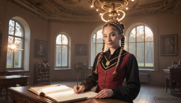 1girl,solo,long hair,looking at viewer,smile,brown hair,shirt,black hair,long sleeves,holding,brown eyes,jewelry,sitting,closed mouth,upper body,braid,earrings,day,indoors,dark skin,necklace,nail polish,vest,twin braids,dark-skinned female,tree,cup,lips,fingernails,book,black shirt,window,buttons,halo,chair,table,sunlight,scenery,red nails,desk,paper,open book,realistic,nose,red vest,pen,lamp,pencil,book stack,painting (object),quill,wooden table,multiple braids,inkwell,black eyes,makeup,lipstick,hair over shoulder,forehead,red lips,candle