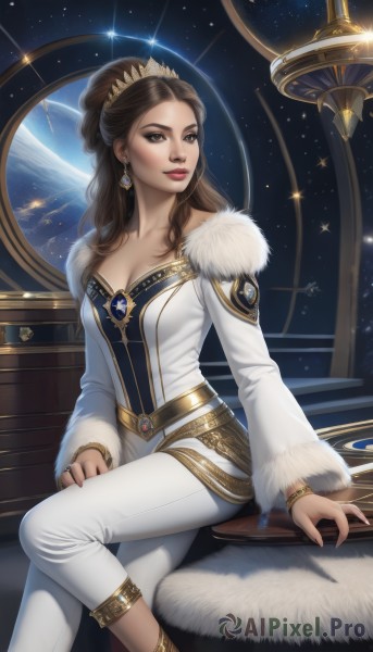 1girl,solo,long hair,breasts,looking at viewer,smile,brown hair,long sleeves,cleavage,brown eyes,jewelry,medium breasts,sitting,collarbone,earrings,pants,artist name,bracelet,lips,fur trim,makeup,ring,tiara,lipstick,gem,star (sky),gold trim,realistic,white pants,anklet,white coat,red lips,space,planet,dress,sky,white dress,watermark,crossed legs,crown,starry sky