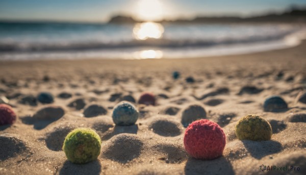 outdoors, food, day, blurry, no humans, fruit, depth of field, ocean, beach, scenery, sand, shore, desert