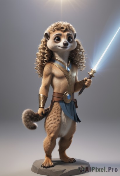 solo,long hair,looking at viewer,simple background,1boy,holding,brown eyes,jewelry,closed mouth,standing,tail,full body,weapon,male focus,sword,grey background,holding weapon,no humans,holding sword,pelvic curtain,furry,curly hair,bracer,furry male,loincloth,whiskers,energy sword,lion,lightsaber,smile,brown hair,animal ears,barefoot,belt,necklace,gem,rock,body fur,brown fur,yellow fur,spotlight