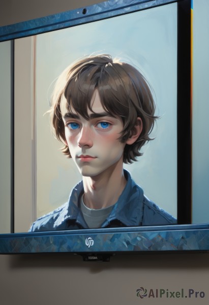 solo,looking at viewer,blush,short hair,bangs,blue eyes,brown hair,shirt,1boy,closed mouth,jacket,upper body,male focus,parted lips,collared shirt,artist name,indoors,lips,thick eyebrows,blue shirt,portrait,freckles,reflection,realistic,nose,1girl,white shirt,character name,window,blue jacket,denim jacket,aquarium