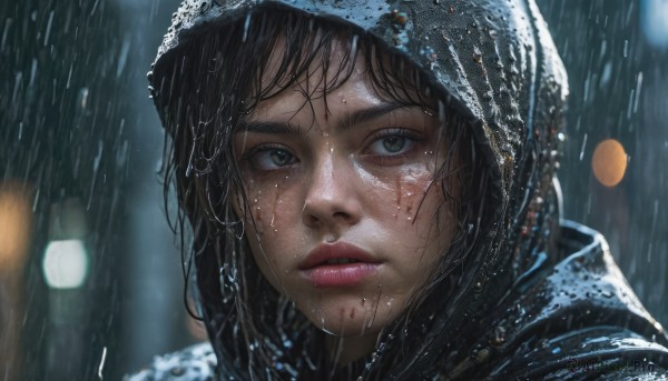 A inspiring female within rainy outdoors