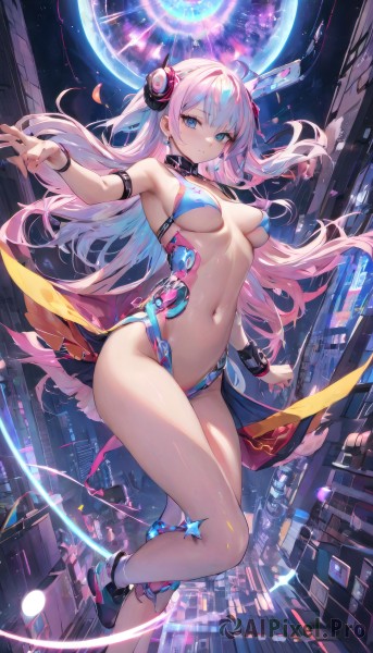 1girl,solo,long hair,breasts,looking at viewer,bangs,blue eyes,large breasts,navel,bare shoulders,jewelry,medium breasts,closed mouth,blue hair,swimsuit,pink hair,ahoge,bikini,thighs,multicolored hair,earrings,armpits,stomach,two-tone hair,floating hair,headgear,building,revealing clothes,science fiction,city,android,cityscape,hair ornament,cleavage,white hair,parted lips,shoes,choker,nail polish,streaked hair,halterneck,black choker,expressionless,leg up,outstretched arm,string bikini,blue bikini,floating,arm strap,cyberpunk