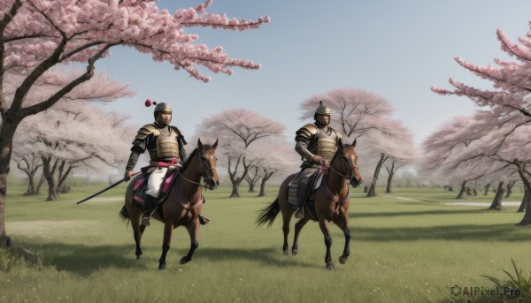 black hair,1boy,holding,weapon,male focus,outdoors,multiple boys,sky,day,sword,2boys,holding weapon,armor,tree,blue sky,animal,holding sword,helmet,grass,cherry blossoms,shoulder armor,scenery,riding,japanese armor,horse,horseback riding,reins,saddle,hair bun,single hair bun,katana,sheath,1other,sheathed,breastplate,field,multiple others,full armor,ambiguous gender,soldier,samurai