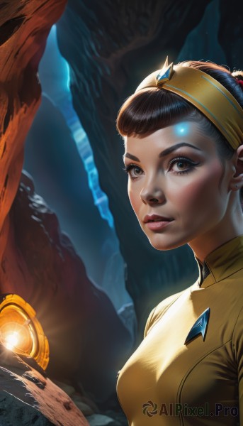 1girl,solo,breasts,looking at viewer,short hair,brown hair,black hair,brown eyes,medium breasts,upper body,hairband,small breasts,parted lips,teeth,signature,lips,eyelashes,makeup,glowing,gem,freckles,crystal,realistic,nose,cave,jewelry,earrings,hair bun,staff,science fiction