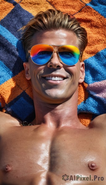 solo,looking at viewer,smile,short hair,blonde hair,brown hair,1boy,jewelry,nipples,upper body,male focus,lying,teeth,shiny,on back,necklace,grin,shiny skin,muscular,shadow,sunglasses,pectorals,sharp teeth,muscular male,towel,bara,large pectorals,topless male,realistic,tinted eyewear,hat,nude,outdoors,day,artist name,facial hair,facing viewer,close-up,straw hat