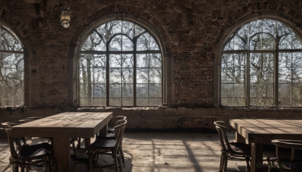 day,indoors,tree,book,no humans,window,chair,table,sunlight,scenery,snow,wooden floor,lamp,winter,bare tree,wooden table,wooden chair,shadow,tiles,tile floor,stool