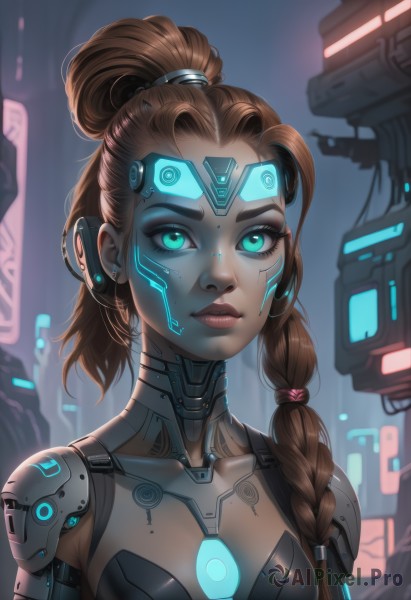 A stunning portrayal of a cyborg in a lush dynamic scene