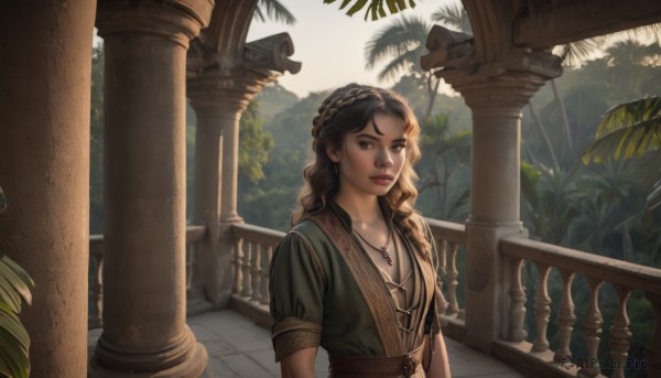 1girl,solo,long hair,breasts,looking at viewer,brown hair,black hair,brown eyes,jewelry,collarbone,upper body,braid,short sleeves,outdoors,day,necklace,tree,lips,sunlight,plant,nature,scenery,pendant,realistic,nose,railing,pillar,column,earrings,parted lips,belt,mole,makeup,wavy hair,french braid,backlighting,curly hair,crown braid,dappled sunlight