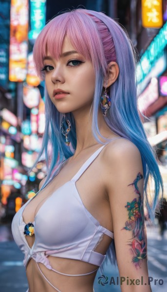 1girl,solo,long hair,breasts,looking at viewer,bangs,cleavage,bare shoulders,jewelry,medium breasts,underwear,green eyes,blue hair,swimsuit,upper body,pink hair,bikini,multicolored hair,earrings,outdoors,parted lips,bra,mole,blurry,two-tone hair,lips,tattoo,gradient hair,makeup,depth of field,blurry background,white bikini,freckles,white bra,realistic,nose,arm tattoo,shoulder tattoo,neck tattoo,blue eyes,navel,hairband,midriff,from side,crop top,eyelashes,night,watermark,gem,flower tattoo