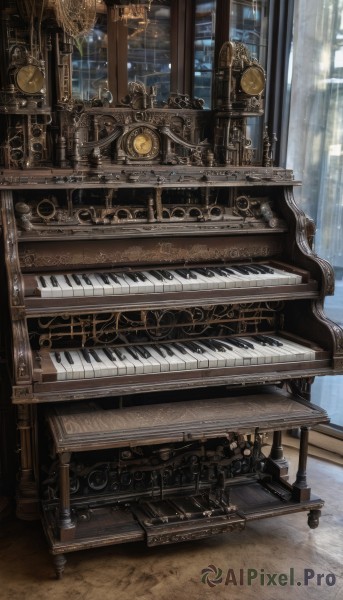 indoors,no humans,window,instrument,scenery,wooden floor,stairs,music,clock,playing instrument,gears,piano,still life,chandelier,grand piano,sunlight,reflection,roman numeral,sheet music,analog clock