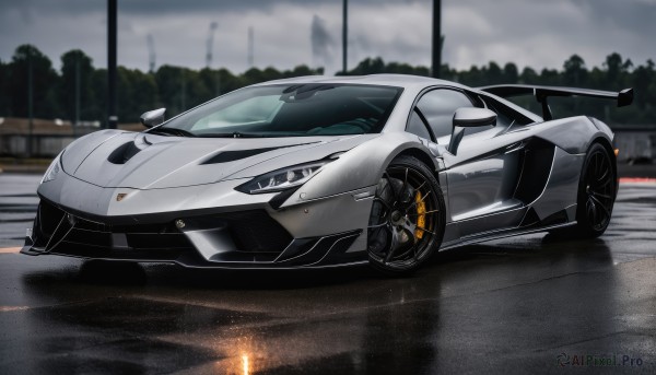 outdoors,sky,cloud,blurry,tree,no humans,blurry background,cloudy sky,ground vehicle,motor vehicle,reflection,car,road,vehicle focus,lamppost,street,grey sky,wheel,sports car,solo,from side