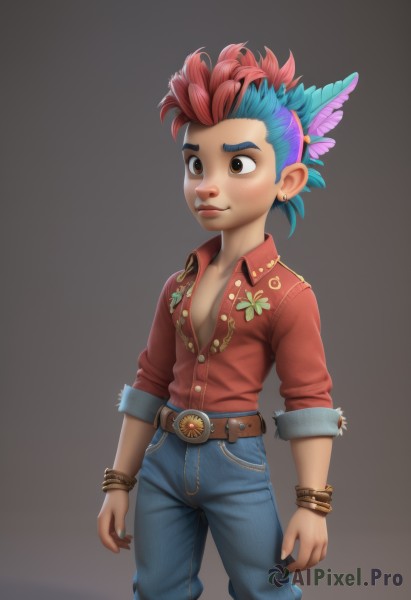 solo,blush,smile,short hair,simple background,shirt,hair ornament,1boy,brown eyes,jewelry,blue hair,pink hair,male focus,red hair,multicolored hair,earrings,belt,pants,bracelet,two-tone hair,open shirt,piercing,feathers,denim,red shirt,ear piercing,jeans,unbuttoned,unbuttoned shirt,mohawk,1girl,breasts,nail polish,no bra,watermark,bug,butterfly hair ornament,stud earrings,partially unbuttoned