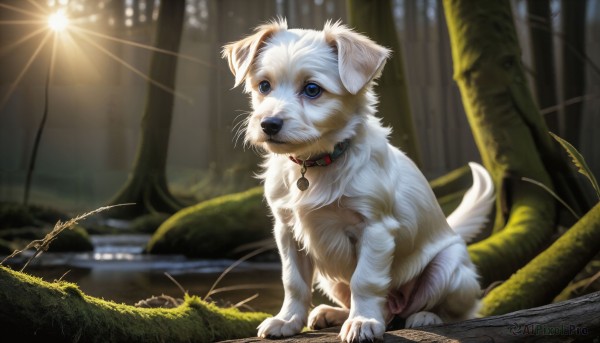 HQ,solo,blue eyes,sitting,closed mouth,full body,outdoors,day,blurry,collar,tree,no humans,blurry background,animal,sunlight,grass,dog,light rays,realistic,animal focus,animal collar,signature,plant,nature