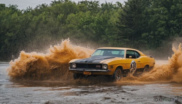 outdoors,sky,day,tree,no humans,ground vehicle,nature,scenery,motor vehicle,forest,car,road,bush,vehicle focus,sports car,realistic,photo background,dust