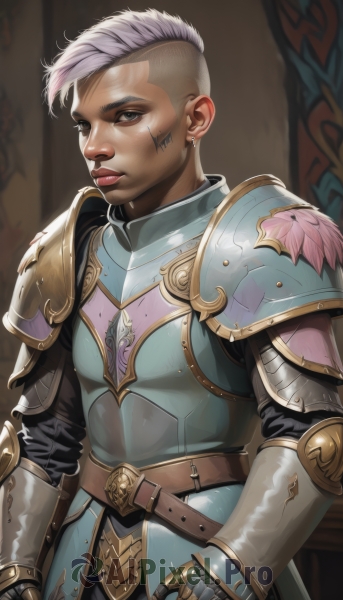 1girl,solo,looking at viewer,short hair,jewelry,upper body,weapon,white hair,grey hair,earrings,belt,dark skin,armor,dark-skinned female,lips,grey eyes,tattoo,scar,shoulder armor,gauntlets,scar on face,pauldrons,breastplate,nose,scar across eye,brown belt,very short hair,undercut,knight,chainmail,eyebrow cut,plate armor,bangs,closed mouth,pink hair,artist name,brown background,facial tattoo