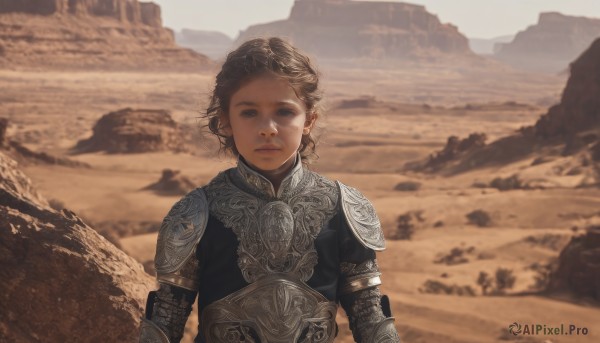 1girl,solo,looking at viewer,short hair,brown hair,black hair,closed mouth,upper body,outdoors,day,armor,blurry,black eyes,blurry background,expressionless,shoulder armor,empty eyes,pauldrons,breastplate,realistic,desert,chainmail,lips,wind,sand