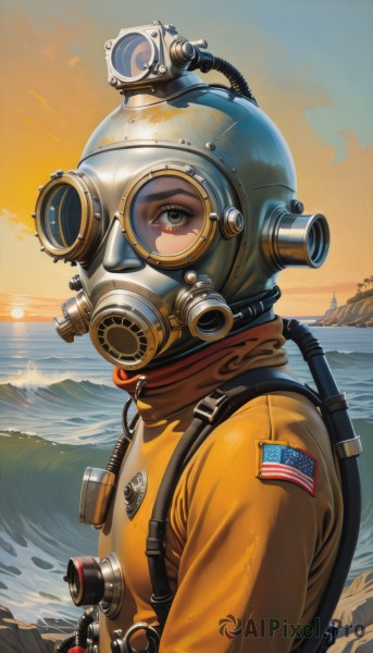 1girl,solo,looking at viewer,brown hair,brown eyes,jacket,upper body,outdoors,sky,cloud,water,from side,eyelashes,mask,ocean,helmet,goggles,1other,sunset,mountain,sun,american flag,binoculars,gas mask,sunrise,union jack,japanese flag,pilot,astronaut,male focus,military,science fiction,realistic,waves,ambiguous gender,tube