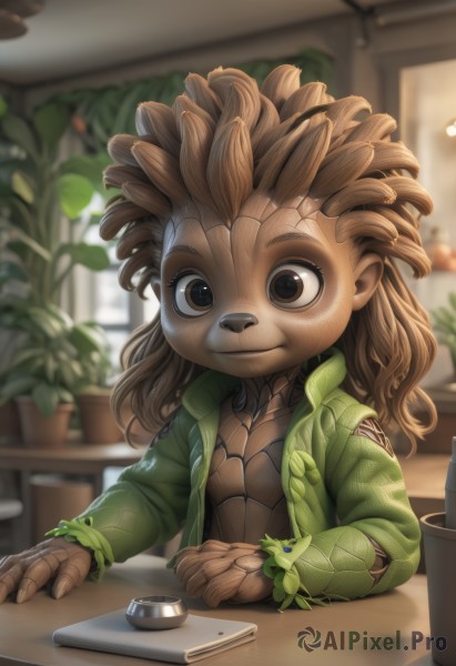 1girl,solo,long hair,looking at viewer,smile,brown hair,shirt,long sleeves,1boy,brown eyes,jewelry,sitting,closed mouth,jacket,upper body,male focus,open clothes,artist name,indoors,blurry,black eyes,depth of field,blurry background,table,plant,furry,green jacket,green shirt,potted plant,bangs,dark skin,open jacket,window,brown fur,flower pot,dreadlocks