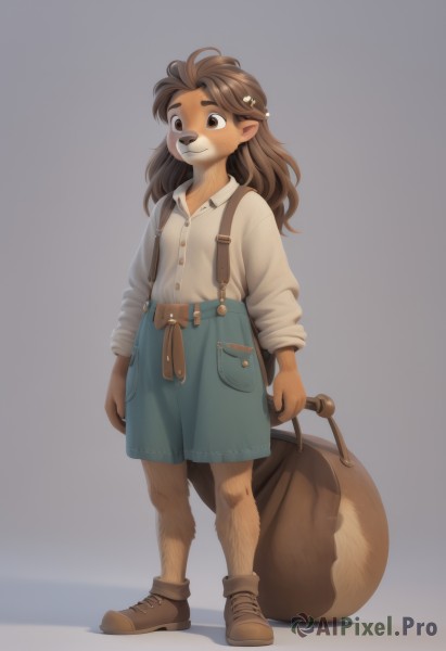 1girl,solo,long hair,smile,simple background,brown hair,shirt,hair ornament,long sleeves,1boy,holding,animal ears,brown eyes,closed mouth,standing,tail,full body,white shirt,flower,male focus,shoes,shorts,pointy ears,hairclip,collared shirt,belt,artist name,hair flower,grey background,bag,flat chest,buttons,brown footwear,thick eyebrows,suspenders,child,grey shirt,furry,freckles,blue shorts,pocket,furry female,arms at sides,overalls,sack,furry male,body fur,animal nose,snout,brown fur,brown bag,suspender shorts,white background,shiny,gradient,gradient background