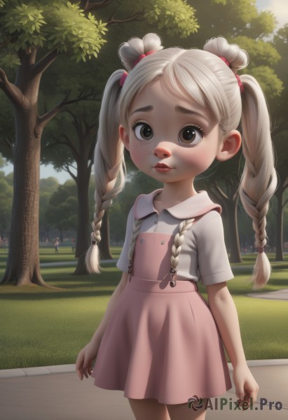 1girl,solo,long hair,looking at viewer,blush,smile,skirt,blonde hair,shirt,dress,twintails,brown eyes,closed mouth,standing,white shirt,braid,short sleeves,cowboy shot,outdoors,solo focus,day,collared shirt,twin braids,flat chest,tree,lips,suspenders,grass,child,pink skirt,freckles,arms at sides,suspender skirt,female child,pinafore dress,overalls,realistic,nose