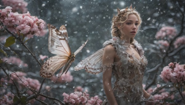 A butterfly captured beautifully in a dynamic snowy snow
