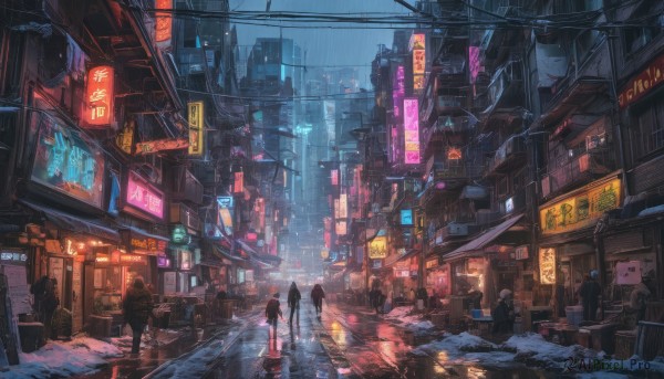 multiple girls, outdoors, multiple boys, dutch angle, night, ground vehicle, building, scenery, science fiction, rain, 6+boys, city, sign, road, cityscape, power lines, street, city lights, cyberpunk, neon lights, people