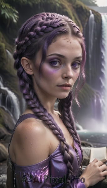 1girl,solo,long hair,breasts,looking at viewer,long sleeves,dress,holding,bare shoulders,jewelry,purple eyes,upper body,purple hair,braid,earrings,small breasts,parted lips,artist name,water,off shoulder,blurry,twin braids,from side,lips,wet,book,eyelashes,makeup,blurry background,watermark,facial mark,piercing,hair over shoulder,web address,purple dress,forehead,freckles,holding book,realistic,nose,stud earrings,wet hair,waterfall,multiple braids,outdoors,eyeshadow,paper,off-shoulder dress,off-shoulder shirt